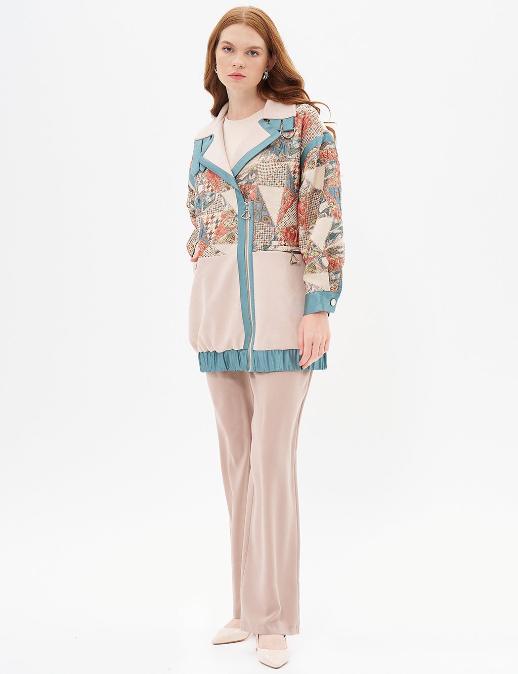 Krem Süet Garnili Ceket Jakarlı Desenli Fırfırlı