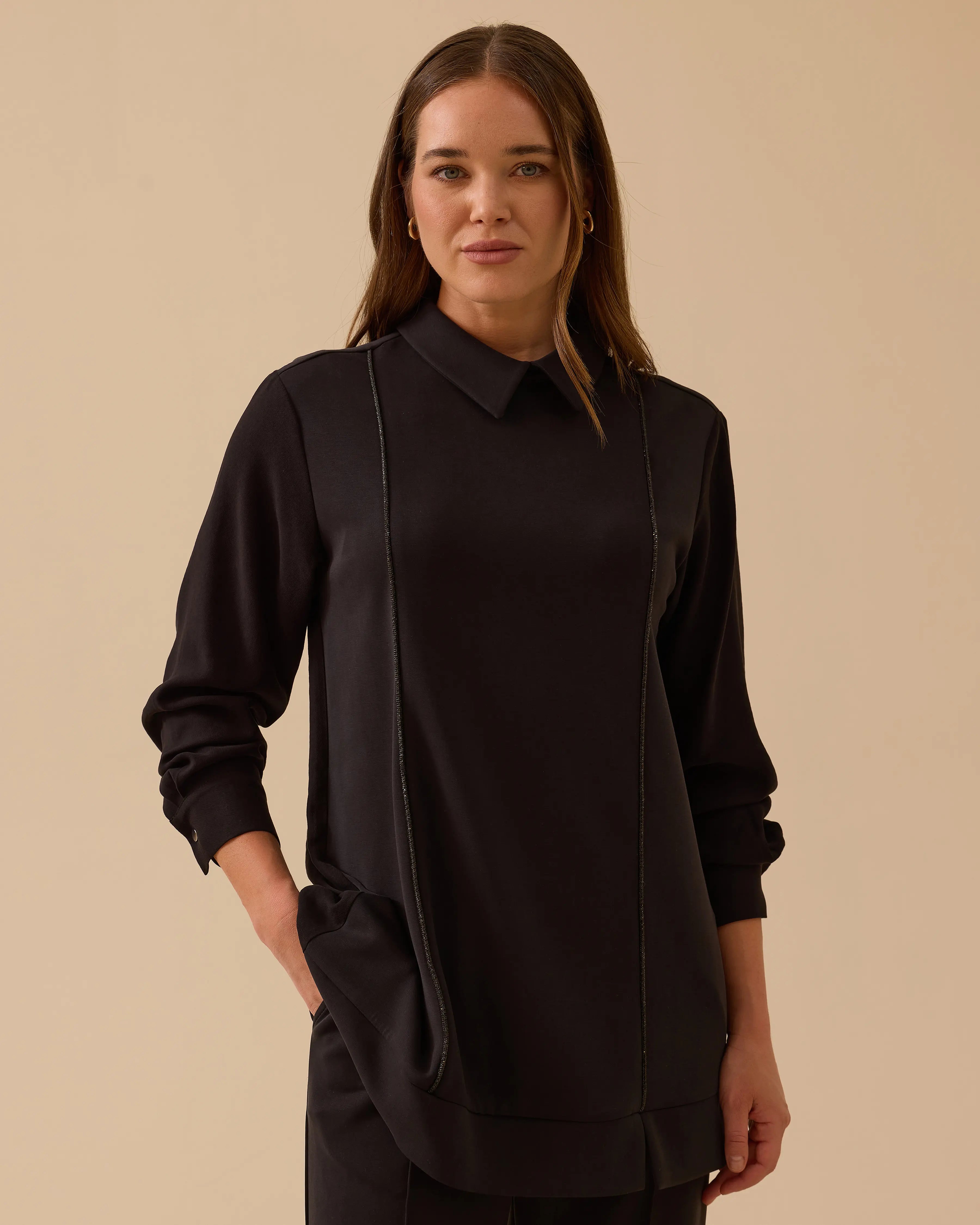 Siyah Gömlek Yaka Sweatshirt Taş Şeritli Tunik Boy