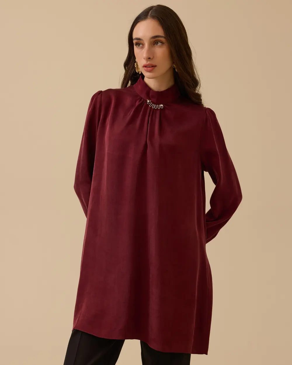 Bordo Tunik Dik Yaka Taş Detaylı