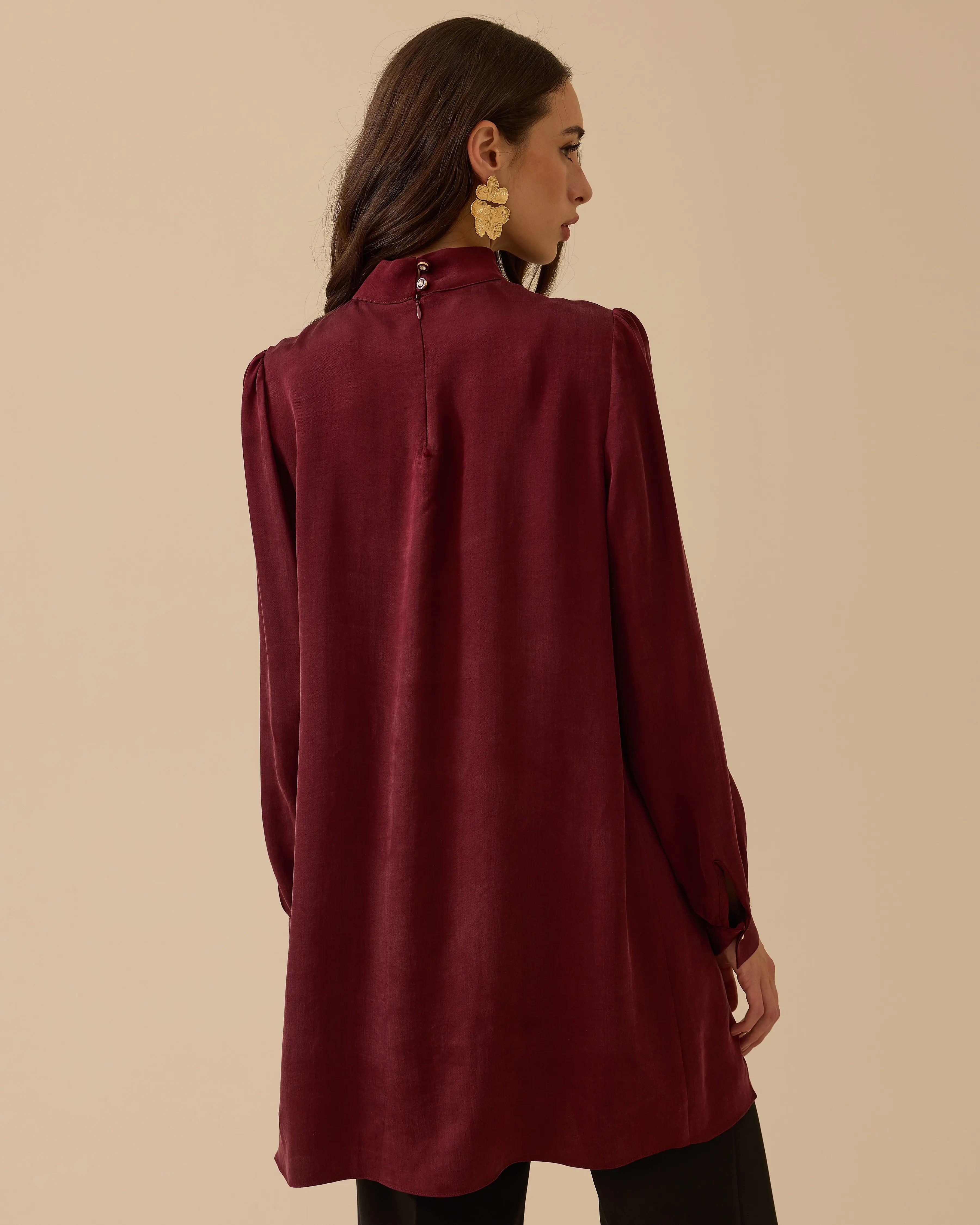 Bordo Tunik Dik Yaka Taş Detaylı