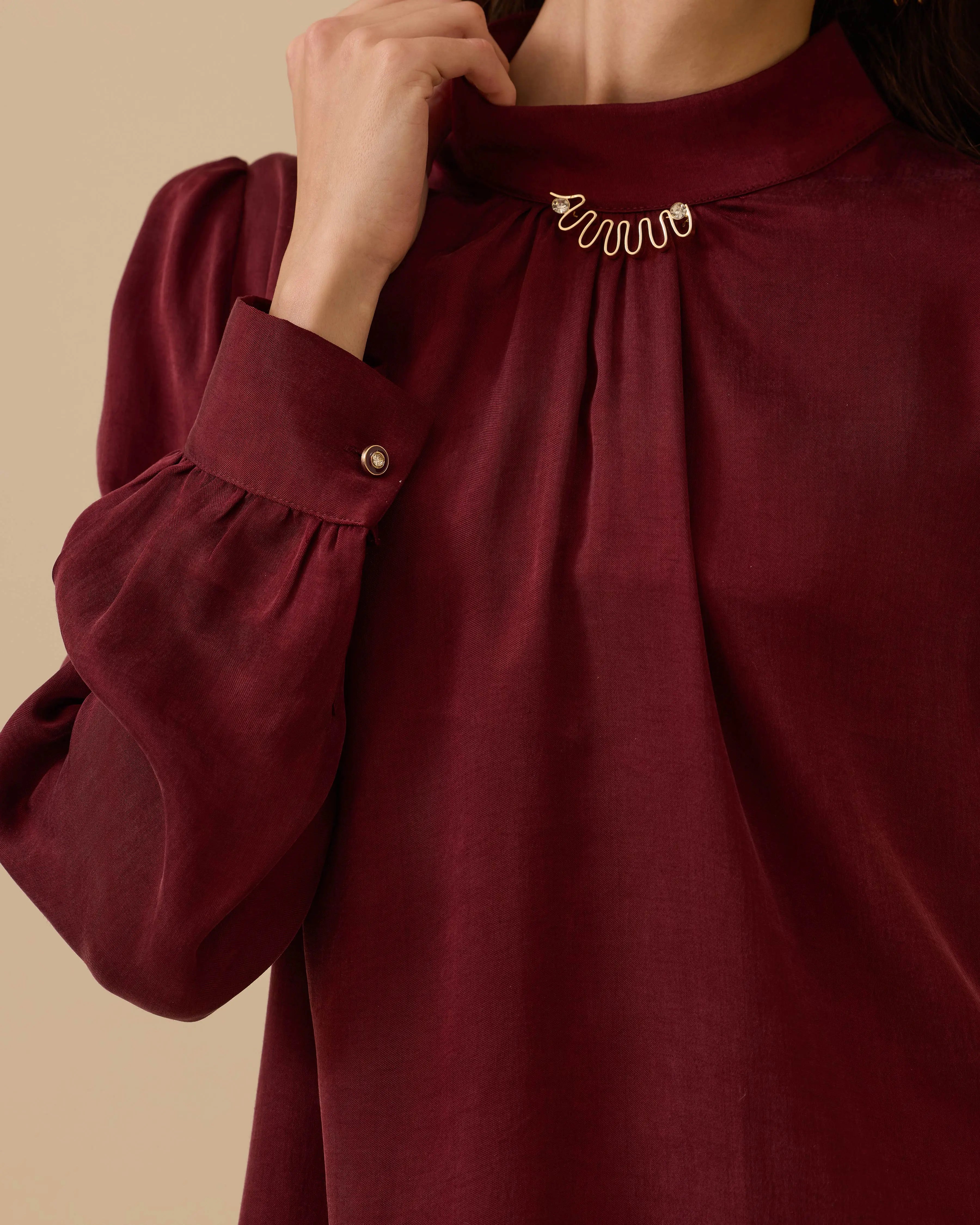 Bordo Tunik Dik Yaka Taş Detaylı