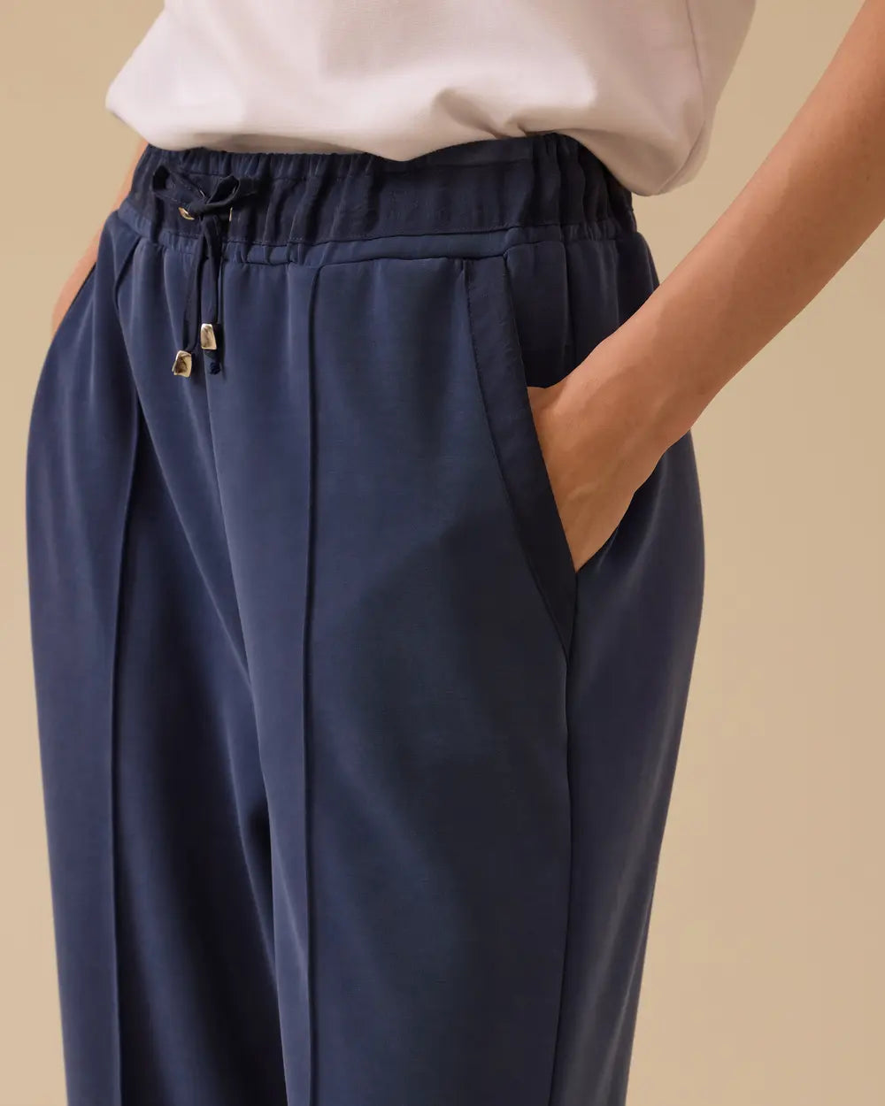 Bağcıklı Bel Detaylı Bol Paça Pantolon Lacivert
