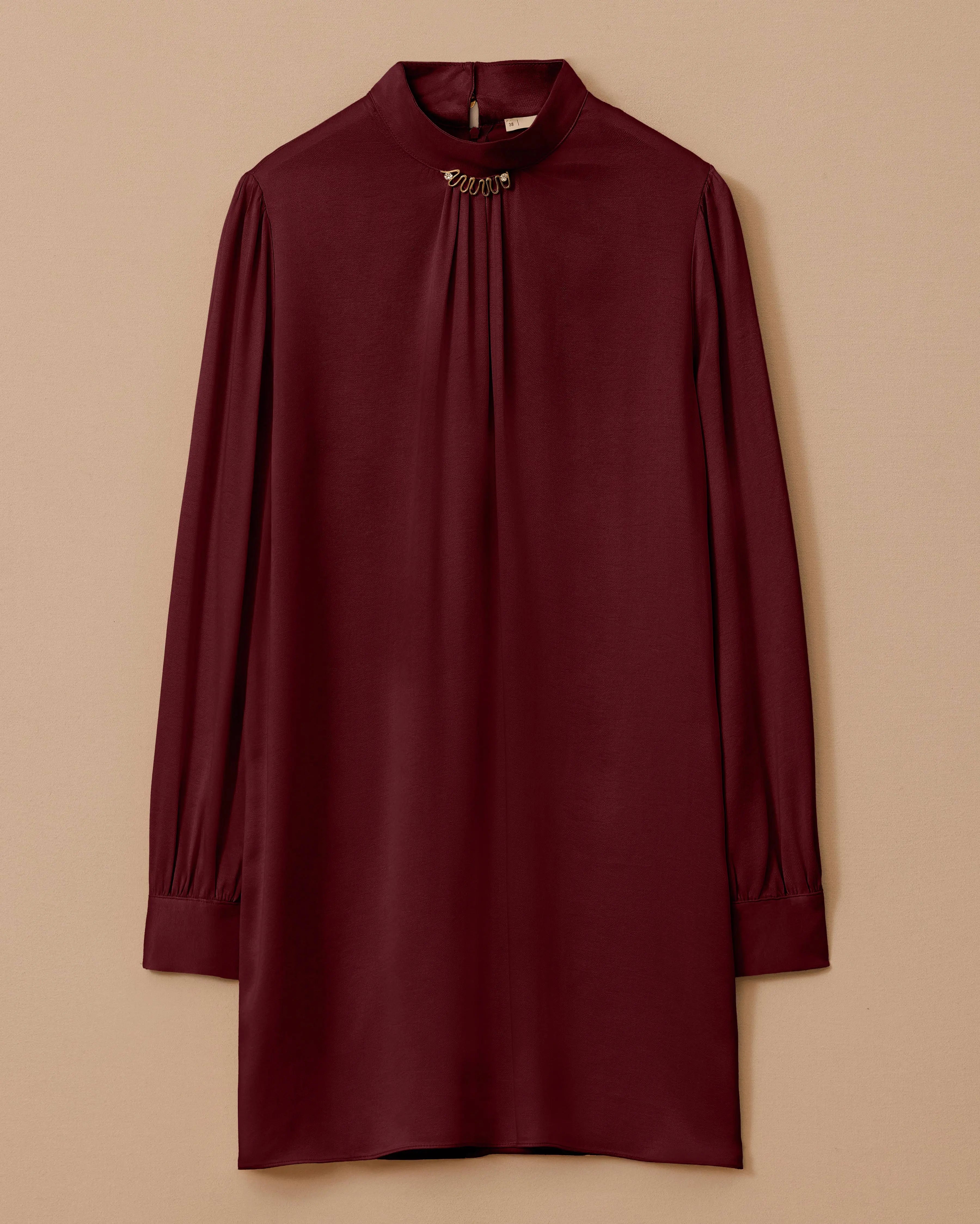 Bordo Tunik Dik Yaka Taş Detaylı