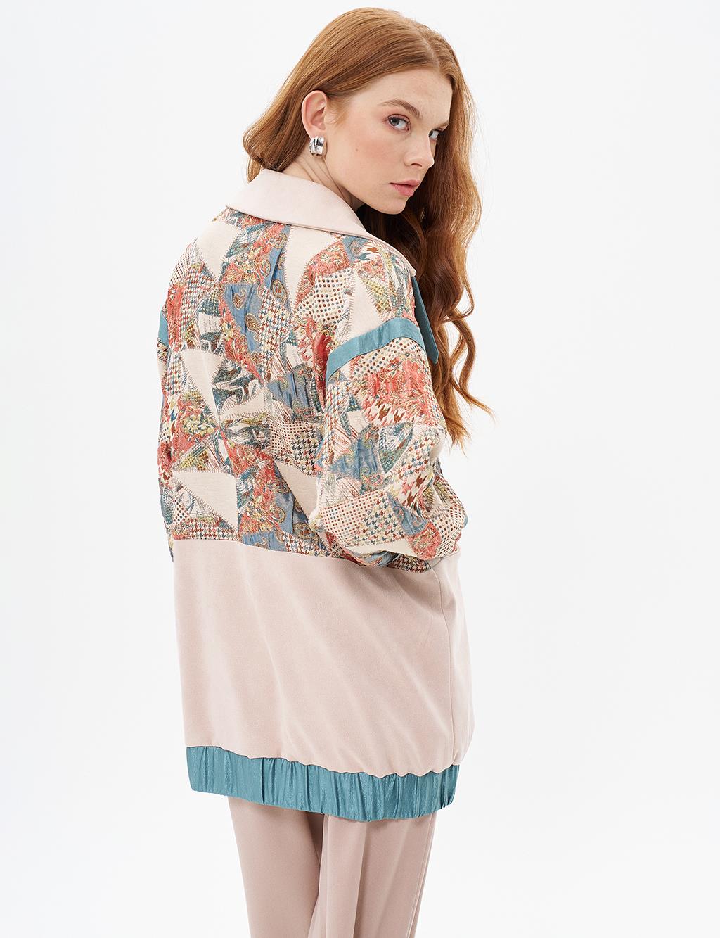 Krem Süet Garnili Ceket Jakarlı Desenli Fırfırlı