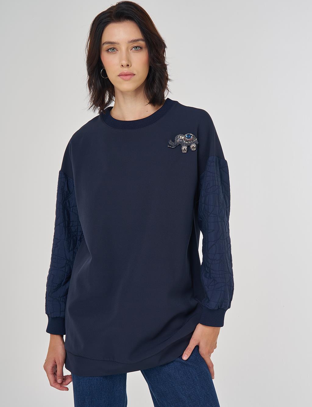 Lacivert Sweatshirt Taş İşlemeli Fil Detaylı Tunik