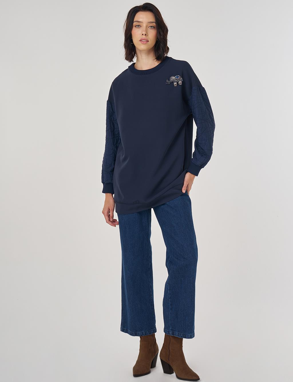 Lacivert Sweatshirt Taş İşlemeli Fil Detaylı Tunik