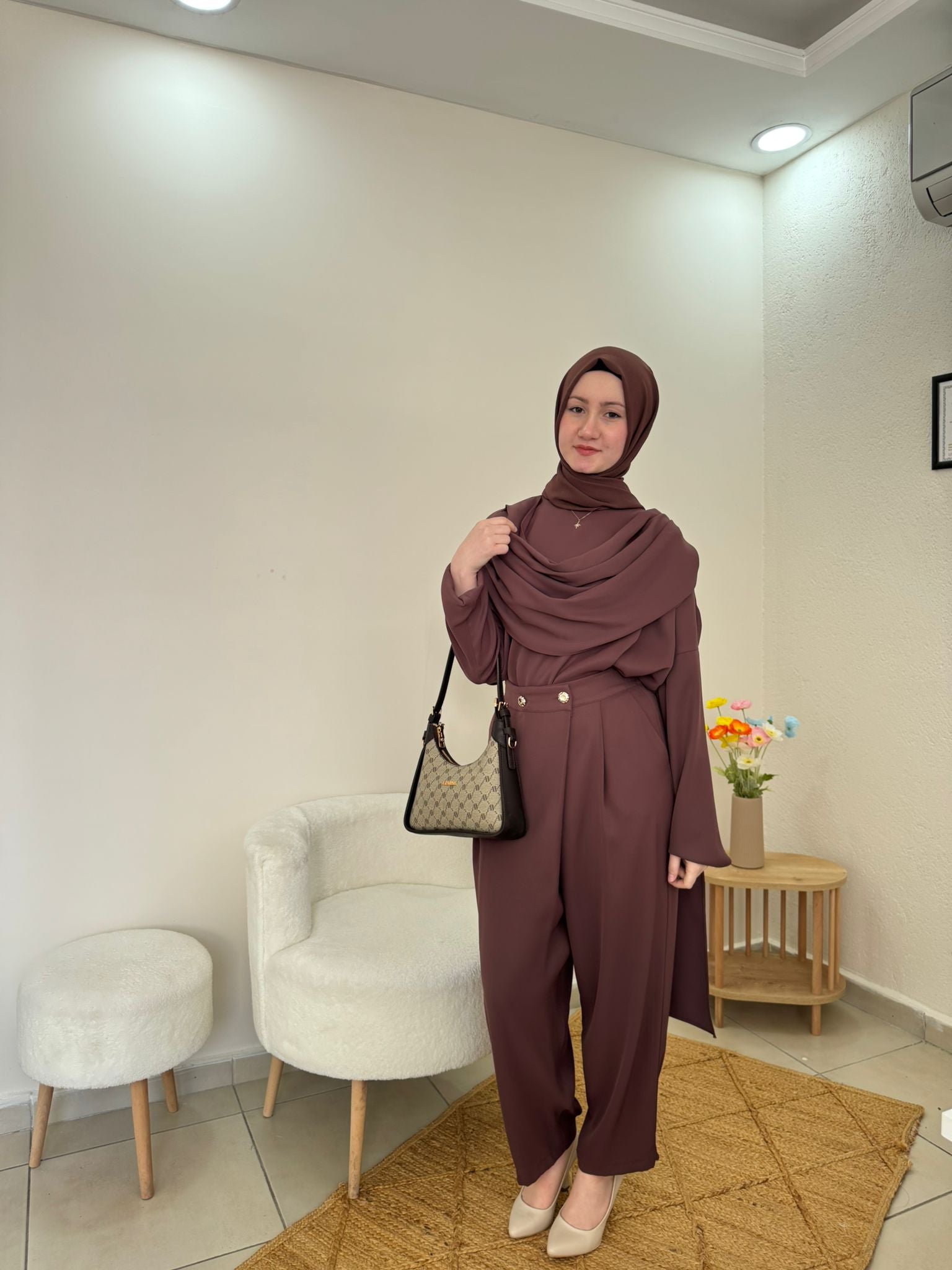 Mürdüm Tunik & Bol Paça Pantolon Tesettür Takım | Kahverengi
