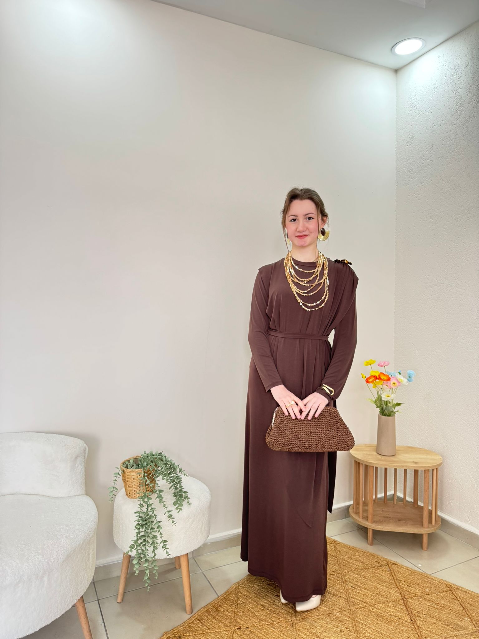 Chocolate Modal Tesettür Elbise | Kahverengi | Bel Kuşaklı Sade Kesim