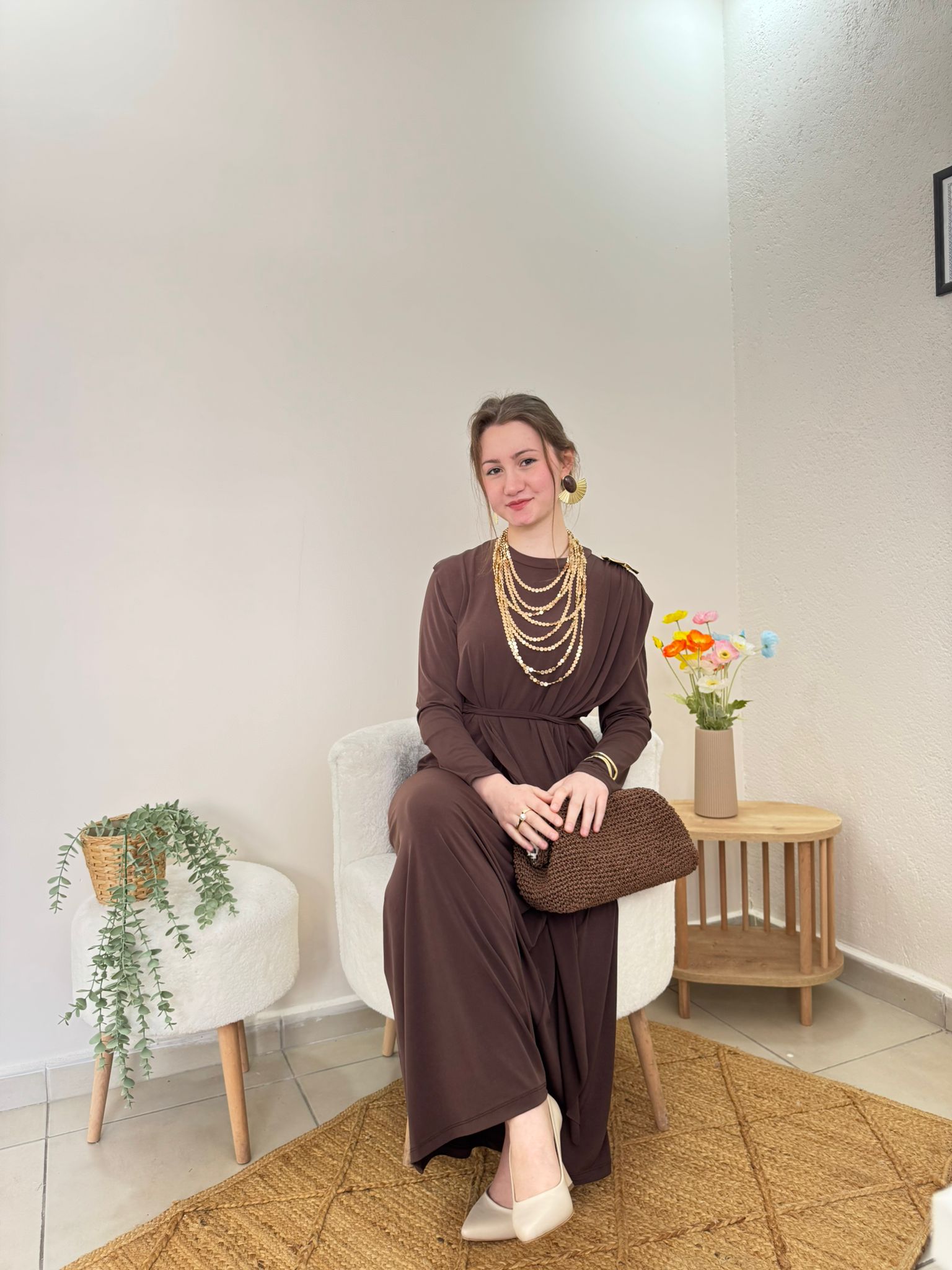 Chocolate Modal Tesettür Elbise | Kahverengi | Bel Kuşaklı Sade Kesim