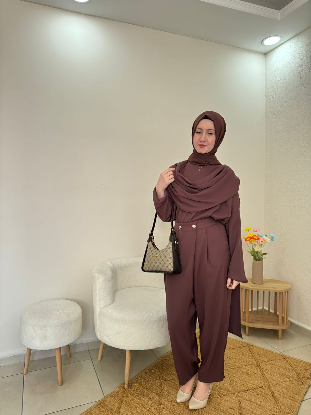 Mürdüm Tunik & Bol Paça Pantolon Tesettür Takım | Kahverengi
