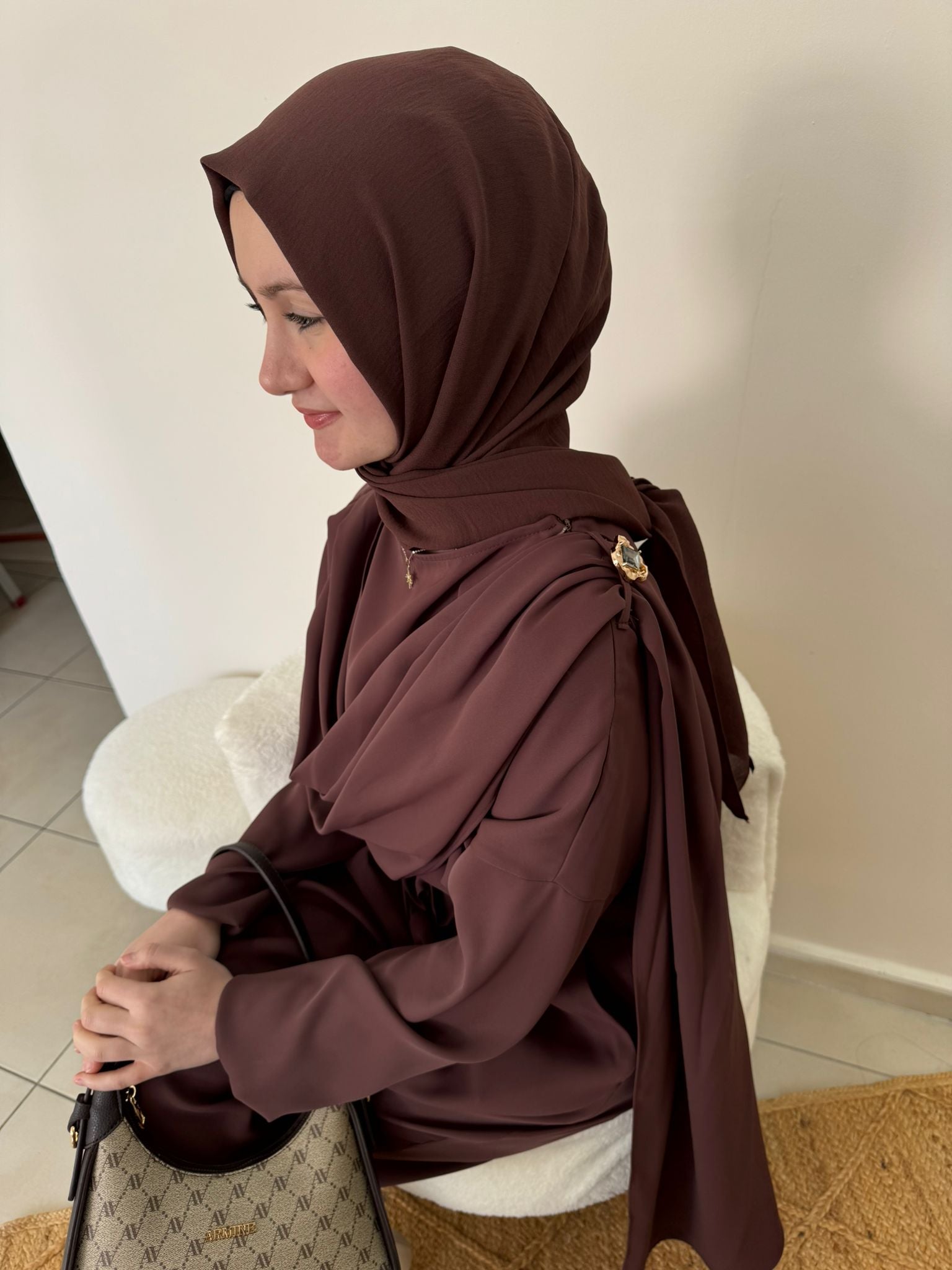 Mürdüm Tunik & Bol Paça Pantolon Tesettür Takım | Kahverengi