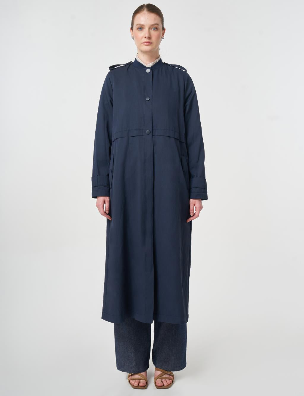 Maxi Boy Trench Coat Tesettür Pardesü | Lacivert | Bel Kuşaklı Uzun Kaban