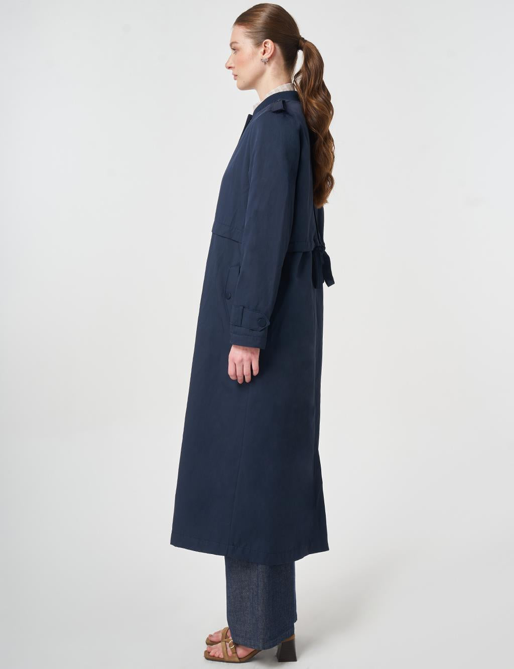 Maxi Boy Trench Coat Tesettür Pardesü | Lacivert | Bel Kuşaklı Uzun Kaban