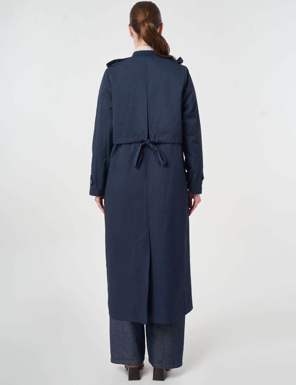 Maxi Boy Trench Coat Tesettür Pardesü | Lacivert | Bel Kuşaklı Uzun Kaban