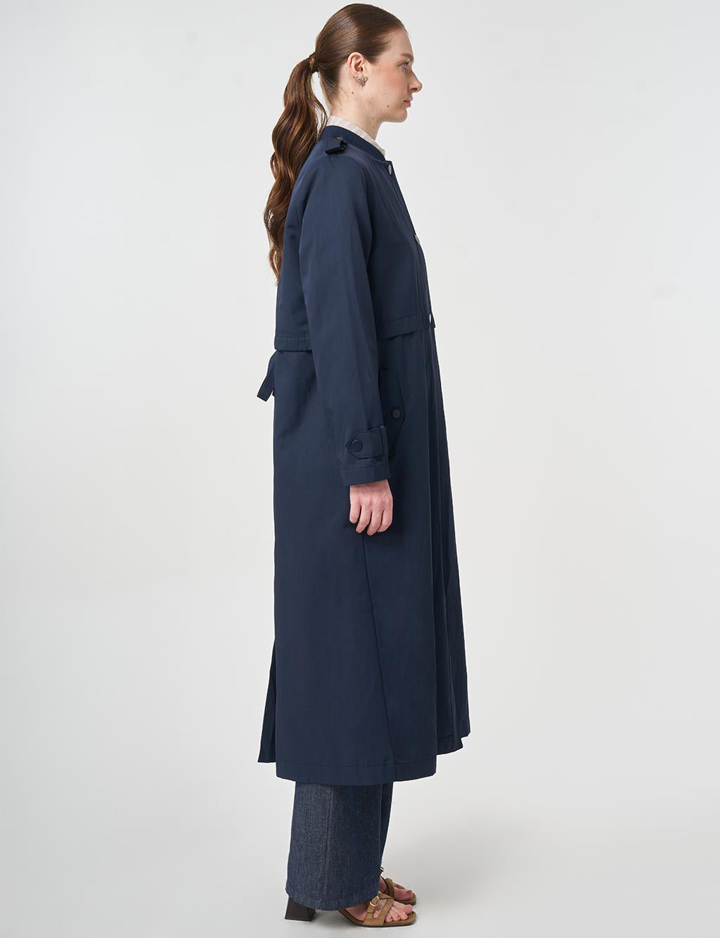 Maxi Boy Trench Coat Tesettür Pardesü | Lacivert | Bel Kuşaklı Uzun Kaban