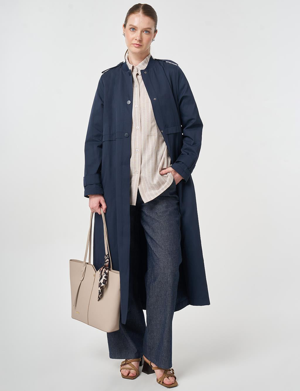 Maxi Boy Trench Coat Tesettür Pardesü | Lacivert | Bel Kuşaklı Uzun Kaban