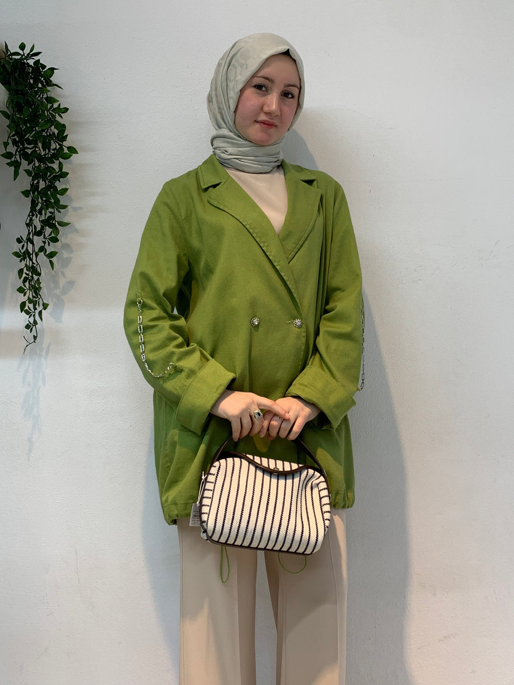 Zincir Detaylı Oversize Blazer Ceket | Fıstık Yeşili