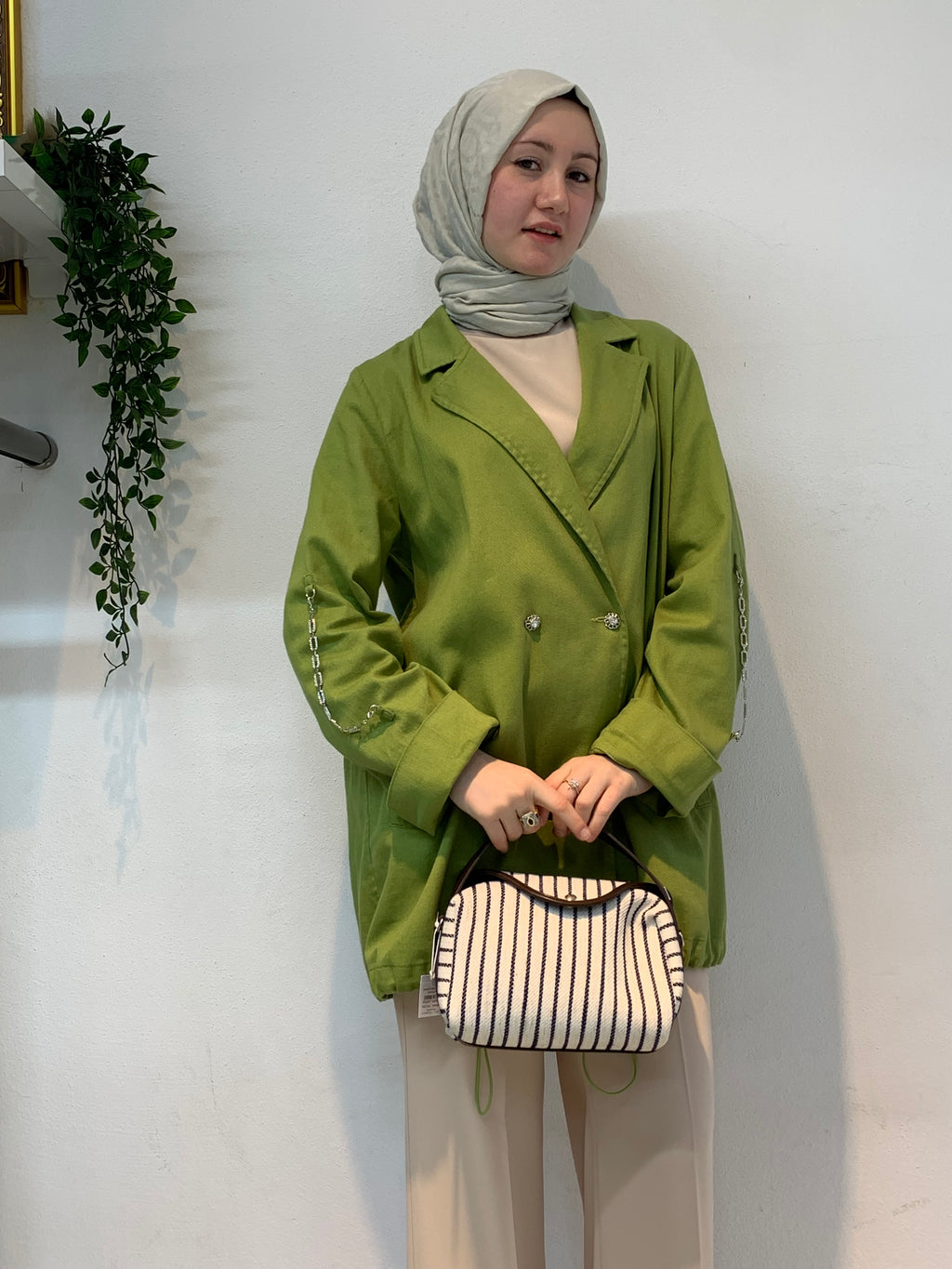 Zincir Detaylı Oversize Blazer Ceket | Fıstık Yeşili