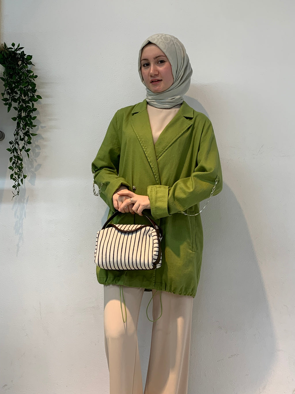 Zincir Detaylı Oversize Blazer Ceket | Fıstık Yeşili