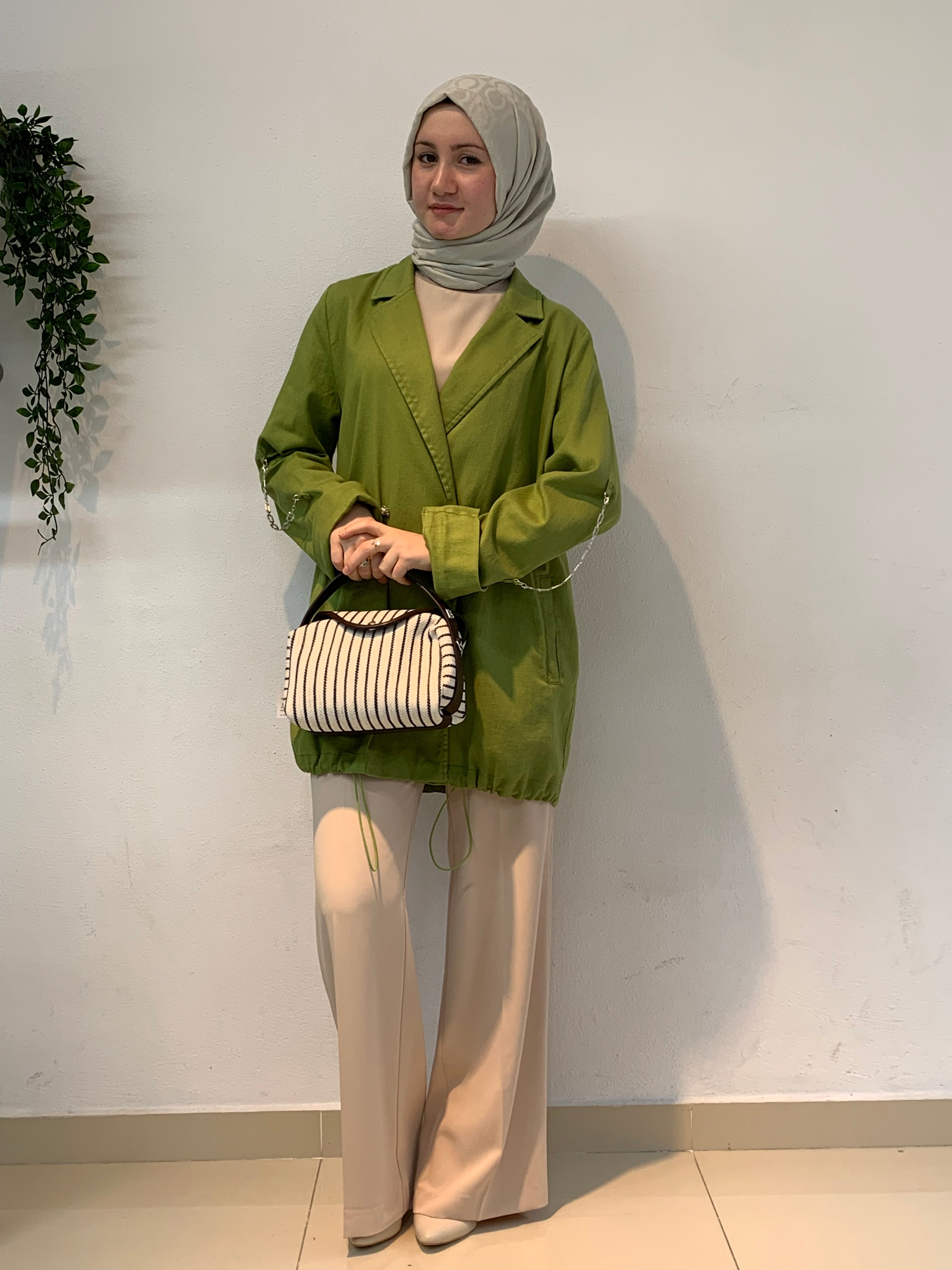 Zincir Detaylı Oversize Blazer Ceket | Fıstık Yeşili