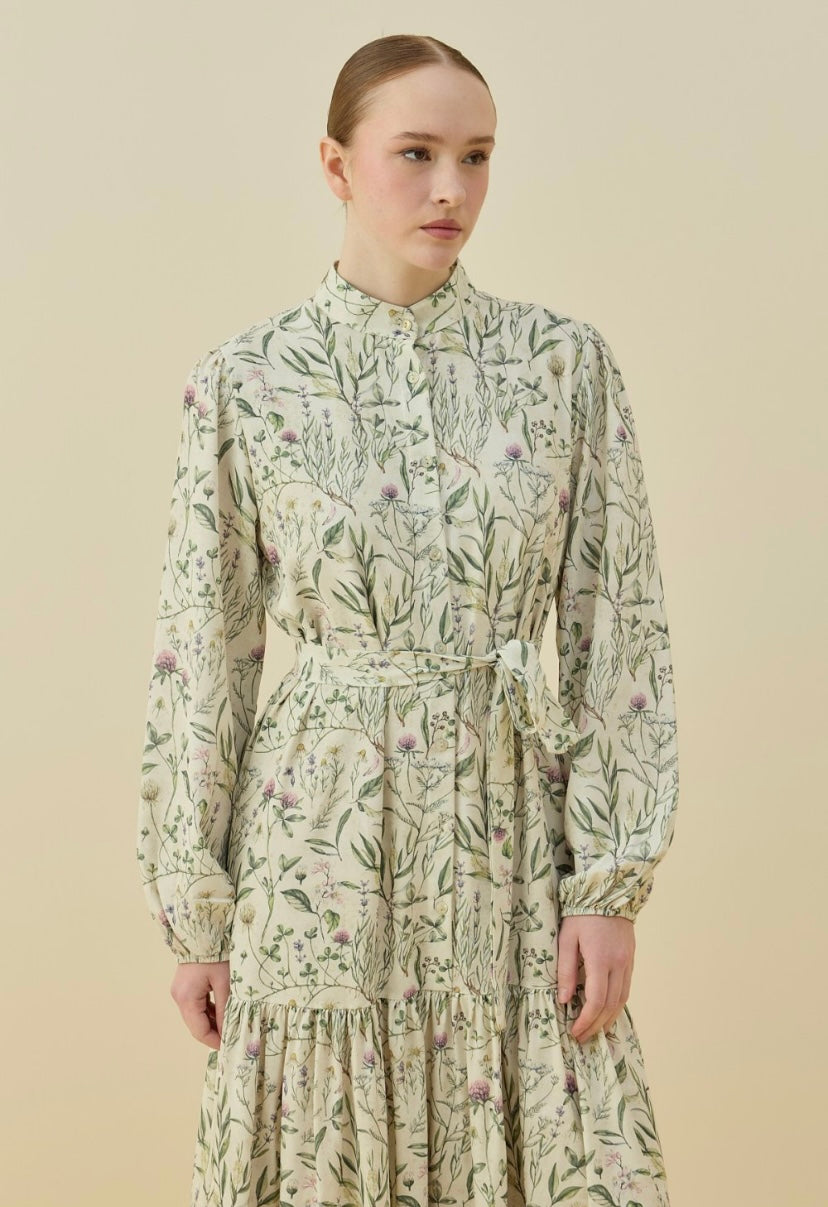 Estate Botanik Desenli Krep Tesettür Elbise | Krem Yeşil | Balon Kol