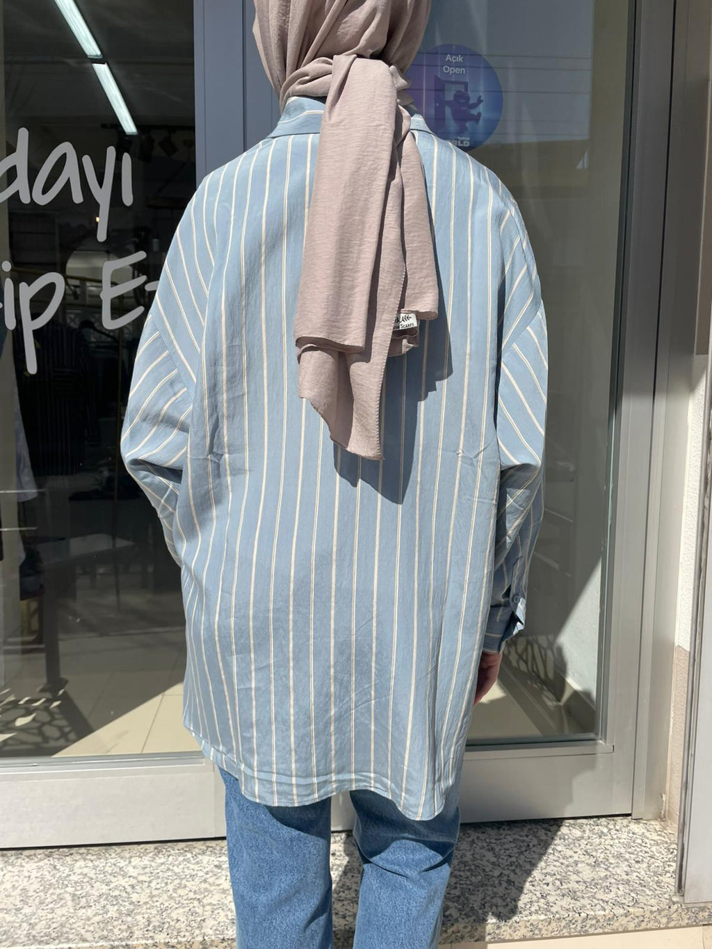 Oversize Çizgili Tunik Gömlek | Mavi Beyaz | Tesettür Üst Giyim