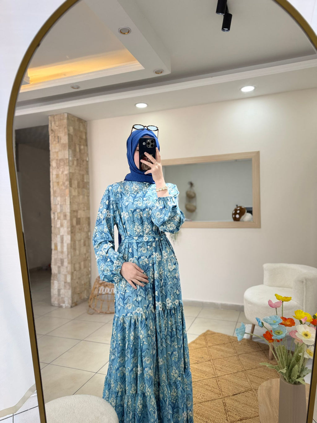 Estate Çiçek Desenli Krep Tesettür Elbise | Mavi | Balon Kol Kat Kat Etek