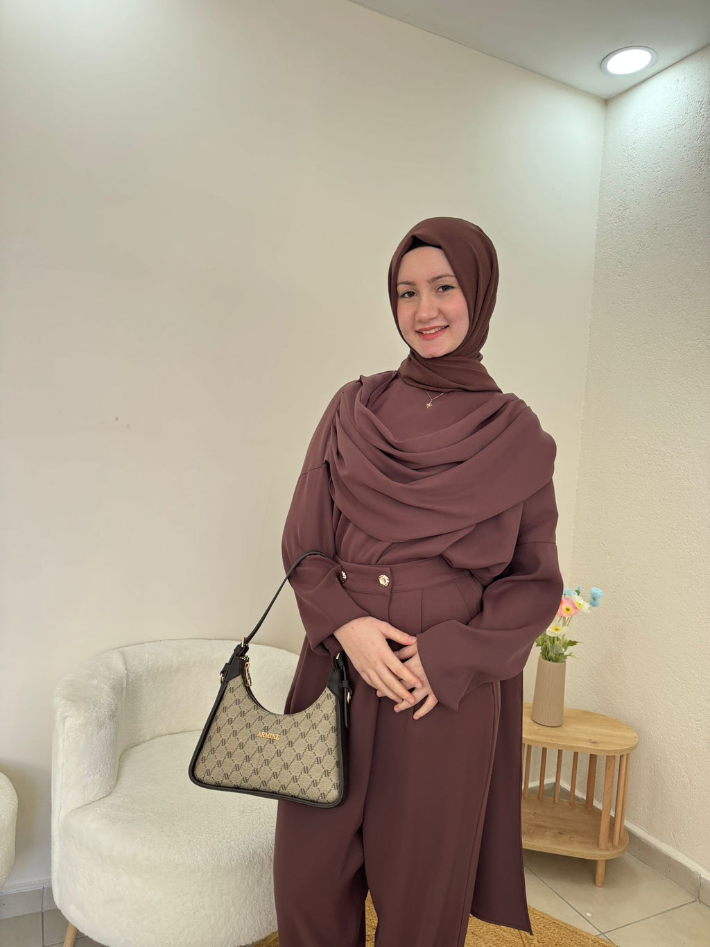 Mürdüm Tunik & Bol Paça Pantolon Tesettür Takım | Kahverengi
