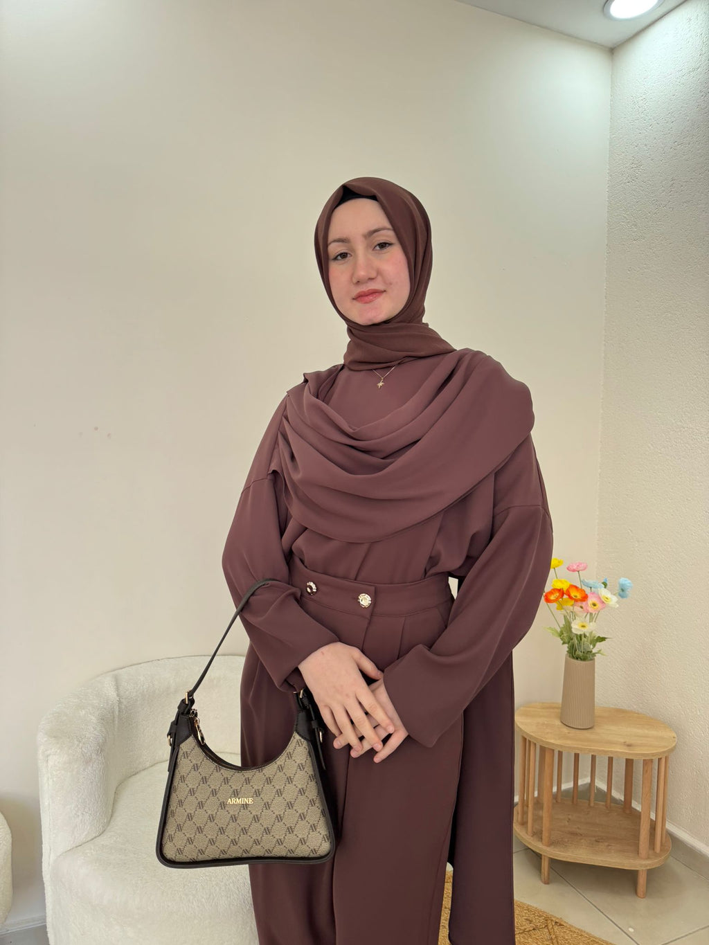 Mürdüm Tunik & Bol Paça Pantolon Tesettür Takım | Kahverengi