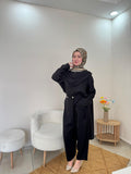 Drape Yakalı Gümüş Düğme Detaylı Siyah Tesettür Takım | Tunik & Bol Paça Pantolon