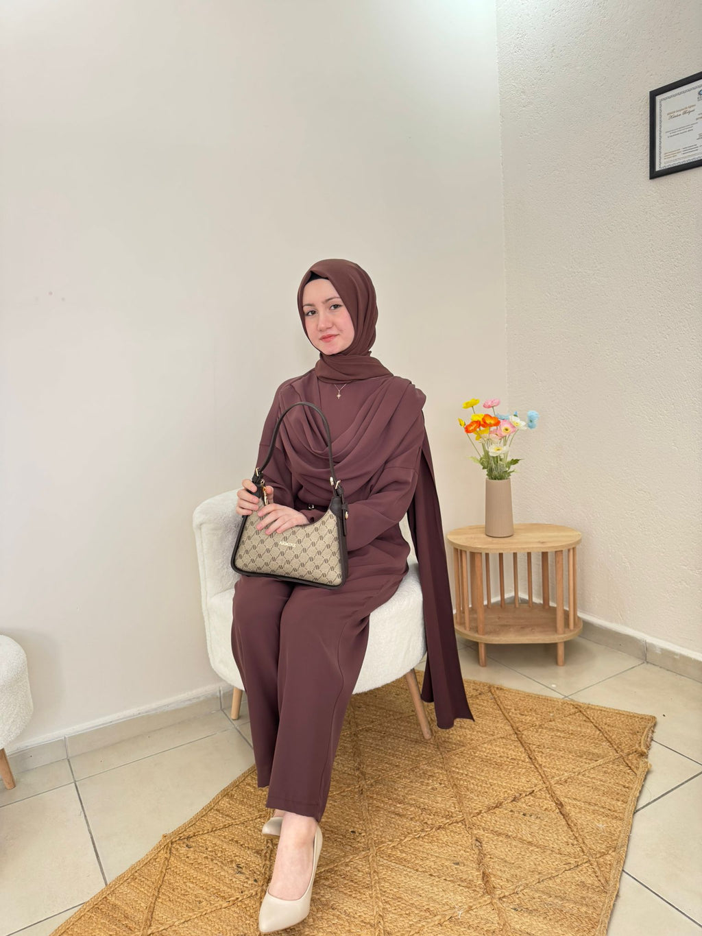 Mürdüm Tunik & Bol Paça Pantolon Tesettür Takım | Kahverengi