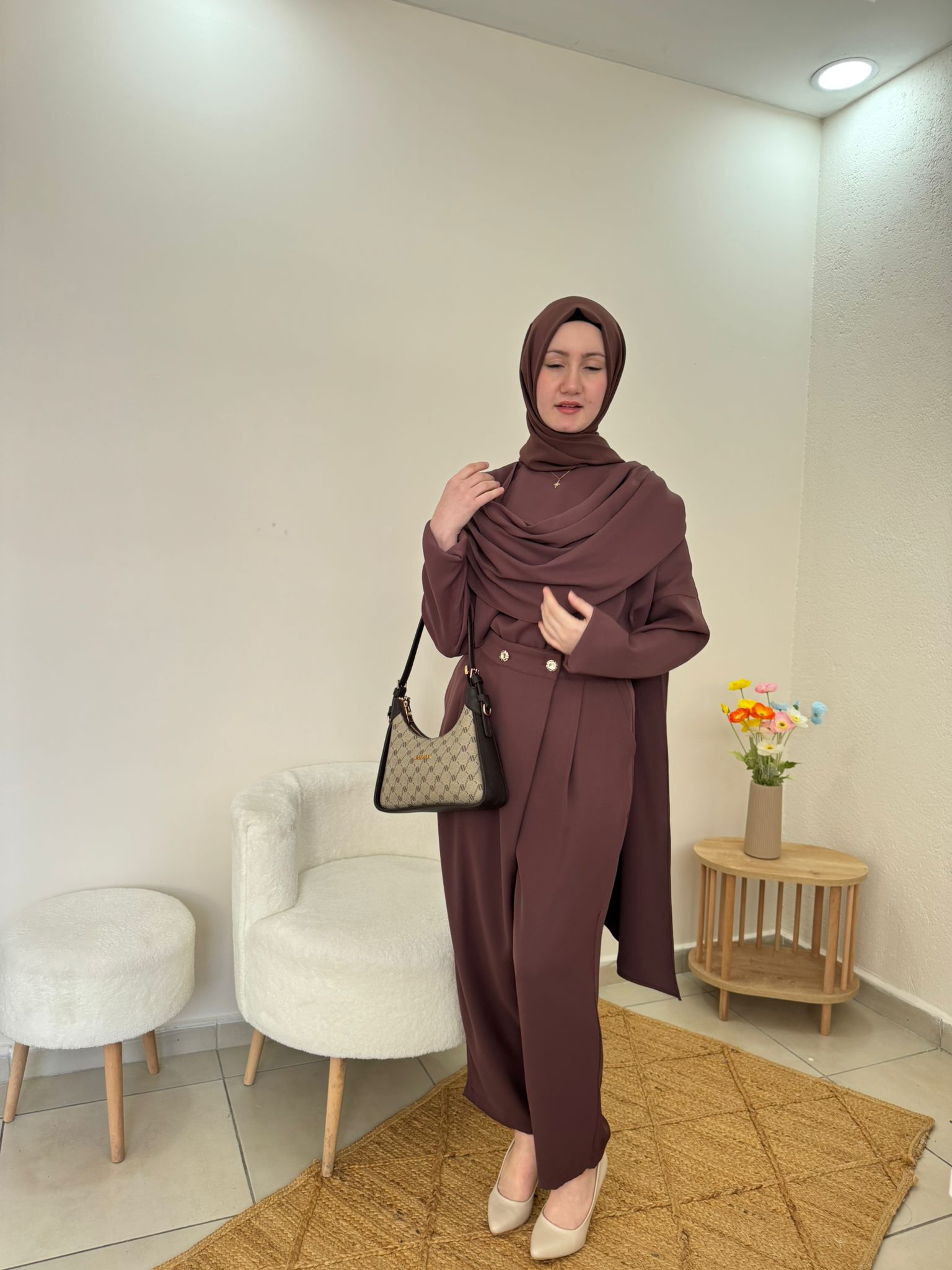 Mürdüm Tunik & Bol Paça Pantolon Tesettür Takım | Kahverengi