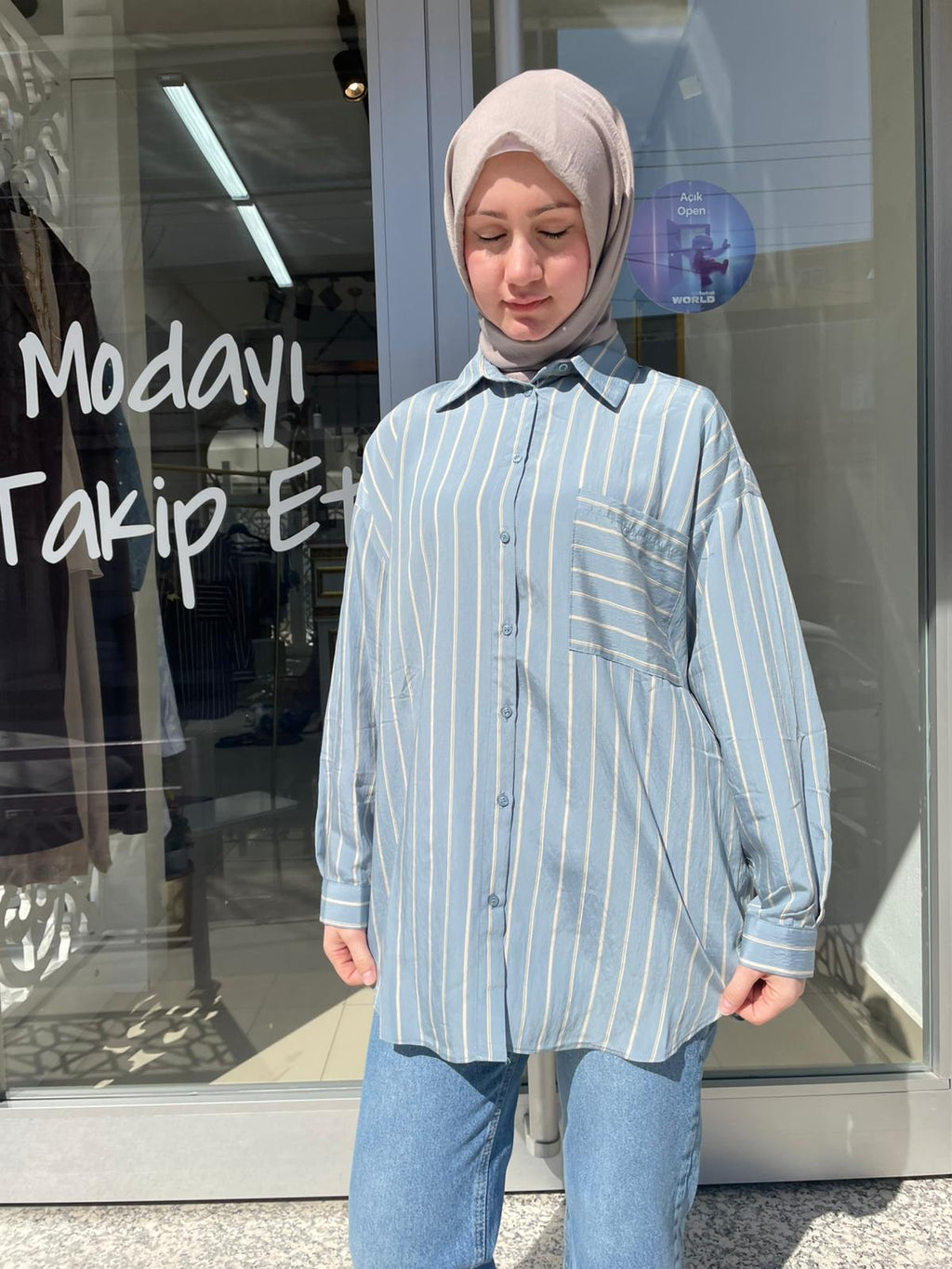 Oversize Çizgili Tunik Gömlek | Mavi Beyaz | Tesettür Üst Giyim