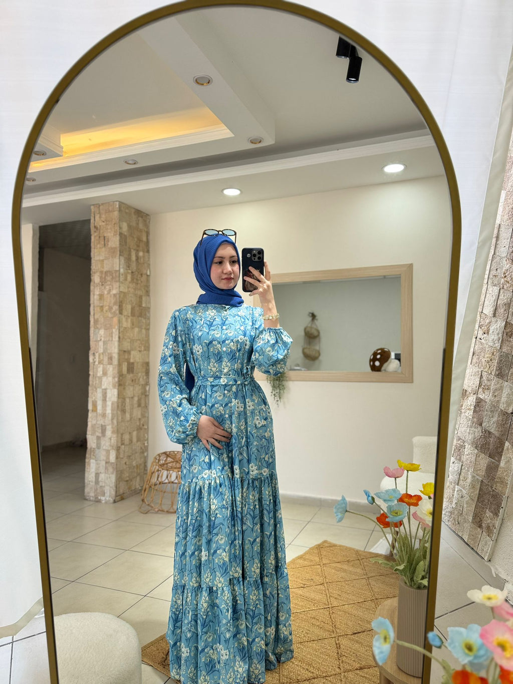 Estate Çiçek Desenli Krep Tesettür Elbise | Mavi | Balon Kol Kat Kat Etek