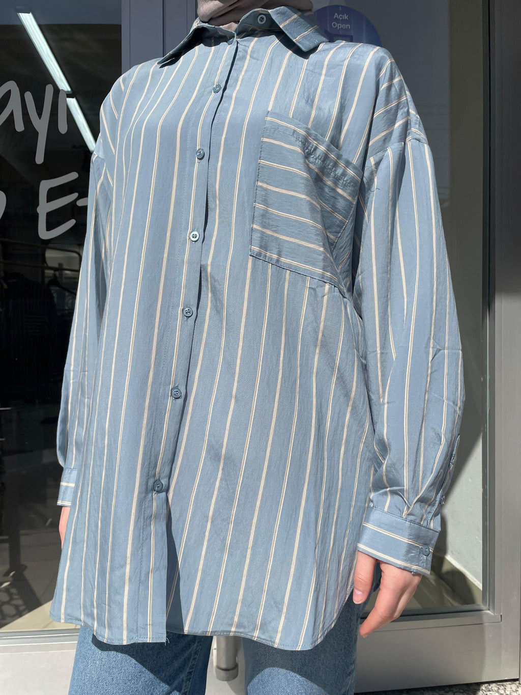 Oversize Çizgili Tunik Gömlek | Mavi Beyaz | Tesettür Üst Giyim