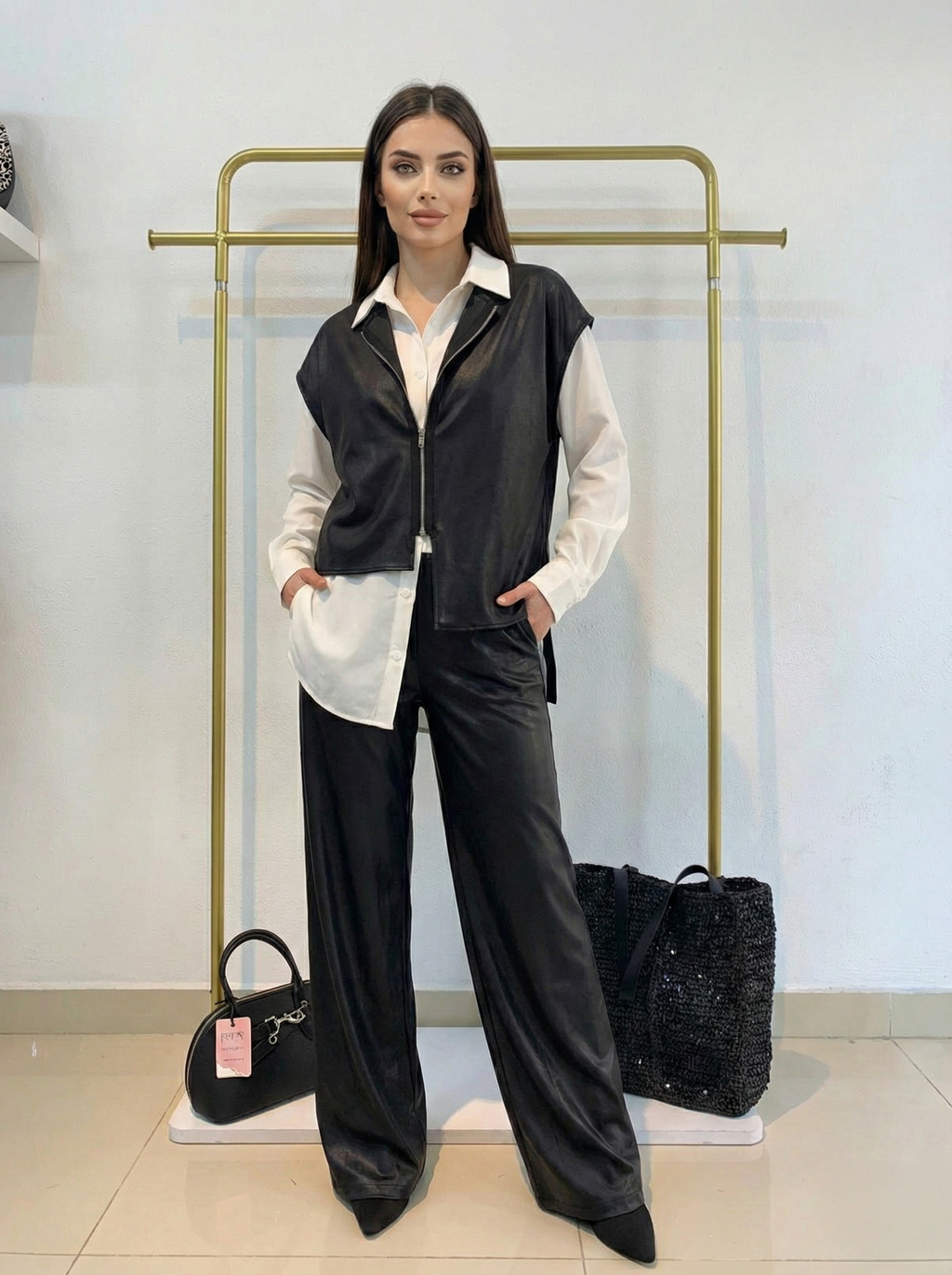 Deri Görünümlü Yelek Üçlü Takım - Gömlek Pantolon Yelek Set