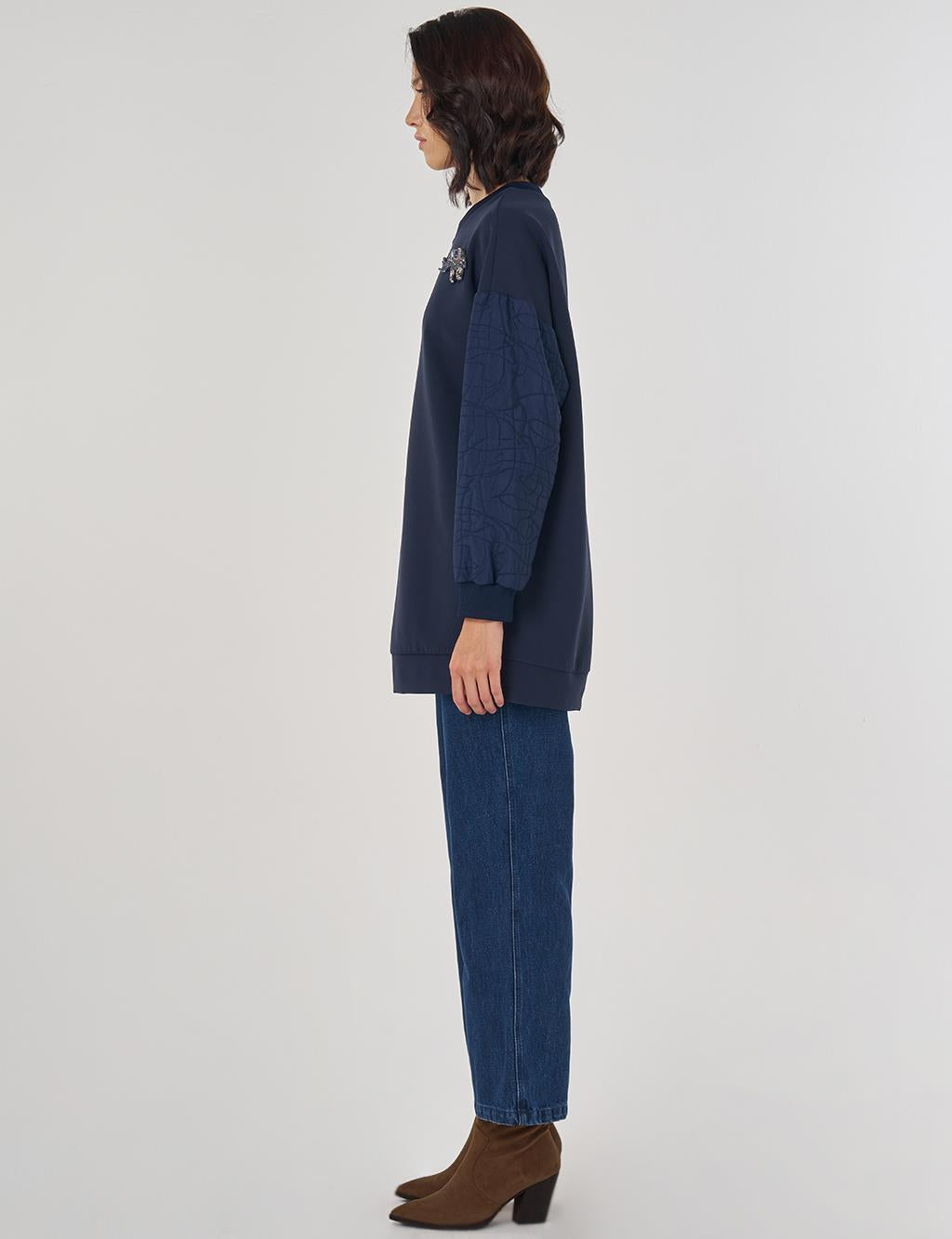 Lacivert Sweatshirt Taş İşlemeli Fil Detaylı Tunik
