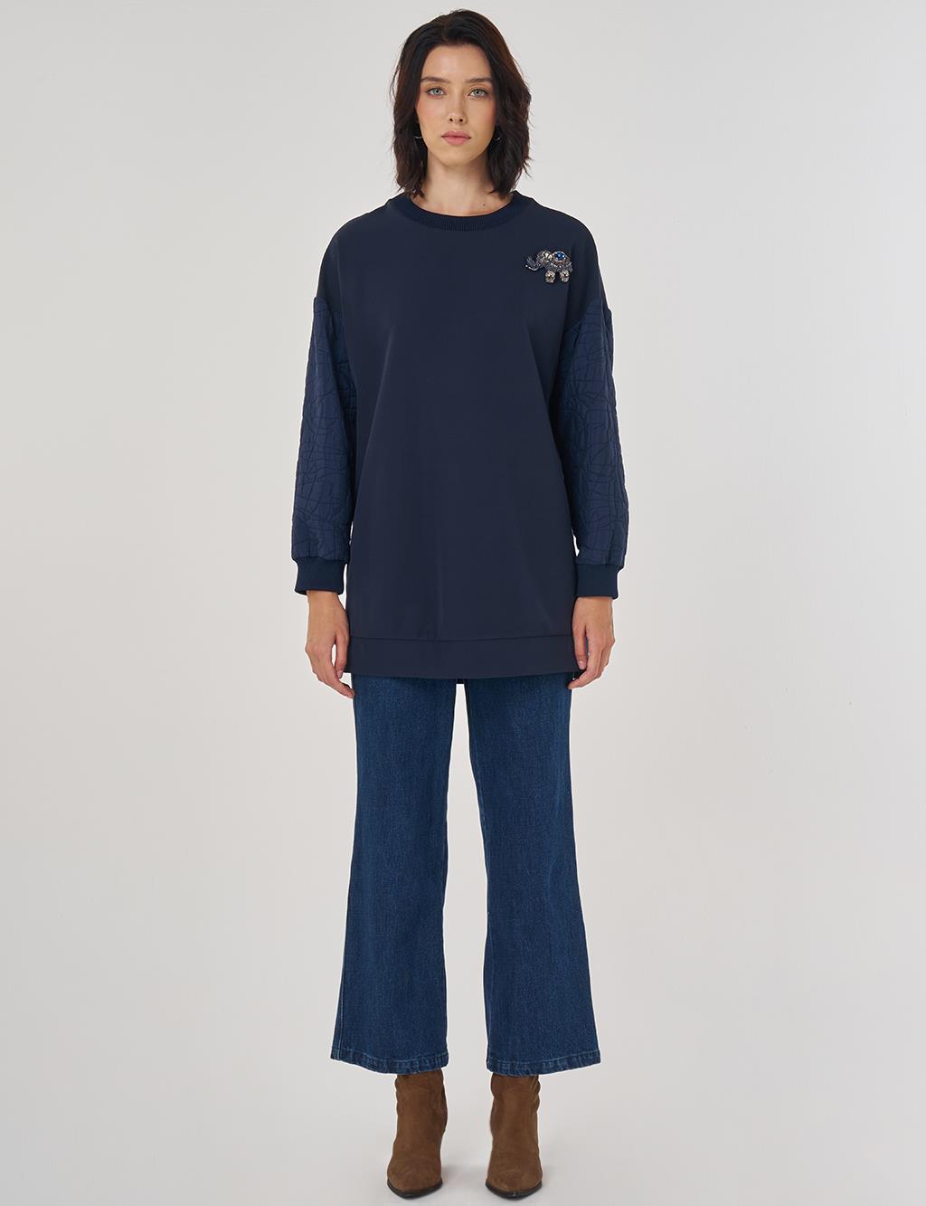Lacivert Sweatshirt Taş İşlemeli Fil Detaylı Tunik