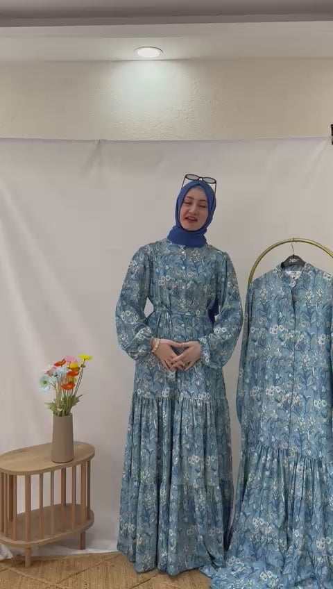 Estate Çiçek Desenli Krep Tesettür Elbise | Mavi | Balon Kol Kat Kat Etek